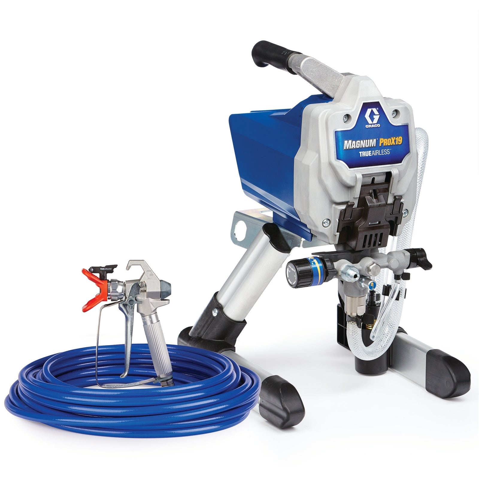 Graco MAGNUM Sprayer prox19 stand for airless painting, 120V electric paint sprayer with adjustable spray tip and ergonomic design.