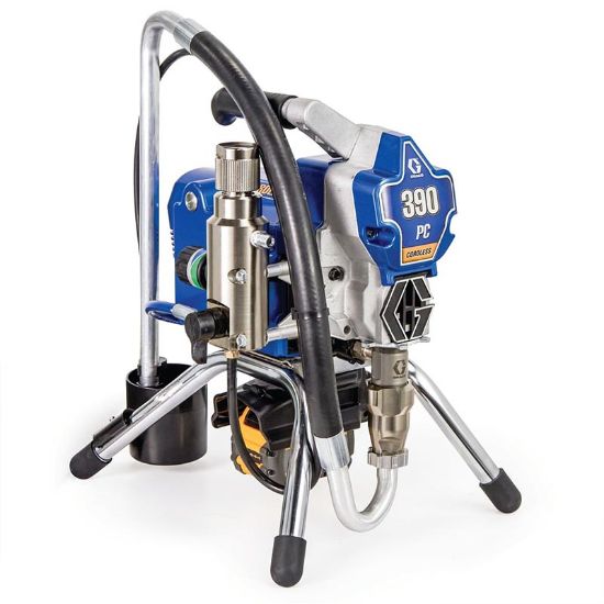 Graco 390 PC cordless airless paint sprayer for contractors, with hose and spray tip visible on a workbench.