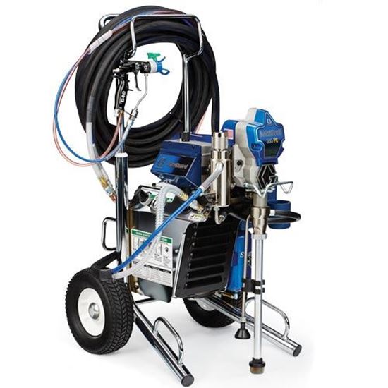 Graco Finishpro II 395 PC Contractor Airless Paint Sprayer with air-assisted technology, shown with spray gun and hoses.