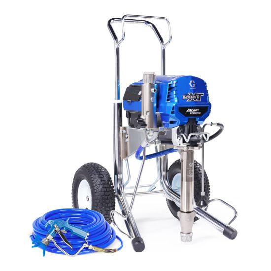 Graco Mark V XT HD 3-in-1 electric airless paint sprayer for contractors, shown with spray gun and hose attached.