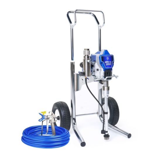 Graco Ultra 390 electric airless paint sprayer for contractors, with hi-cart design and professional spray capabilities.
