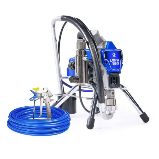 Graco Ultra 390 electric airless paint sprayer with stand, used for professional contractor painting projects.