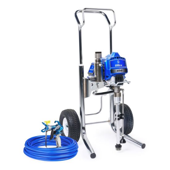 Graco Ultra 450 electric airless paint sprayer for contractors, with hi-cart and professional-grade spray gun setup.