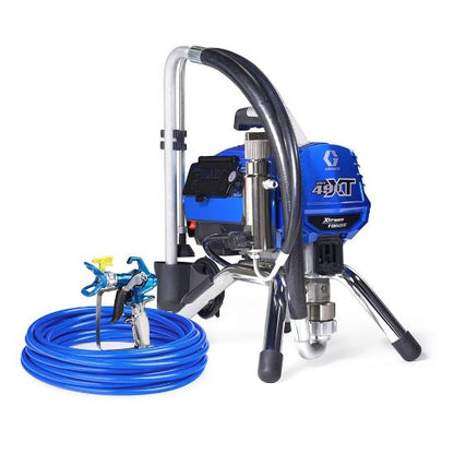 Graco Ultra 490 XT electric airless paint sprayer with stand, used for professional interior and exterior painting projects.