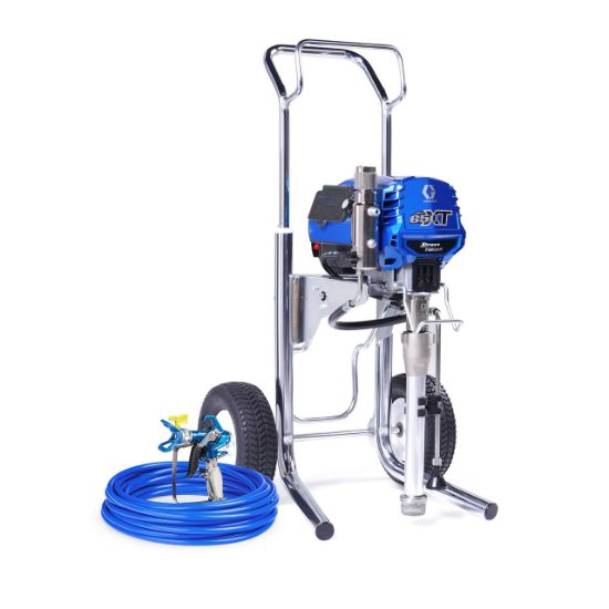 Graco Ultra 650 XT electric airless paint sprayer, Hi-boy contractor model, with spray gun and hose ready for painting projects.