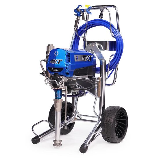 Graco Ultra 695 XT Procontractor electric airless paint sprayer for professional contractor use, with spray gun and hose.