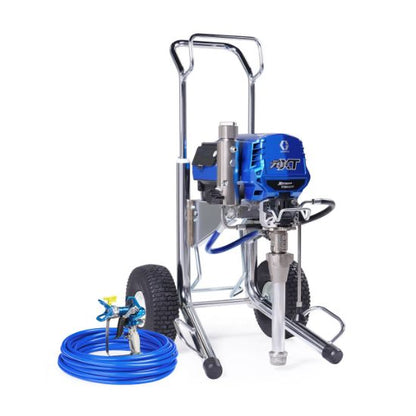 Graco Ultra 795 XT contractor electric airless paint sprayer with hi-boy design, used for professional painting projects.