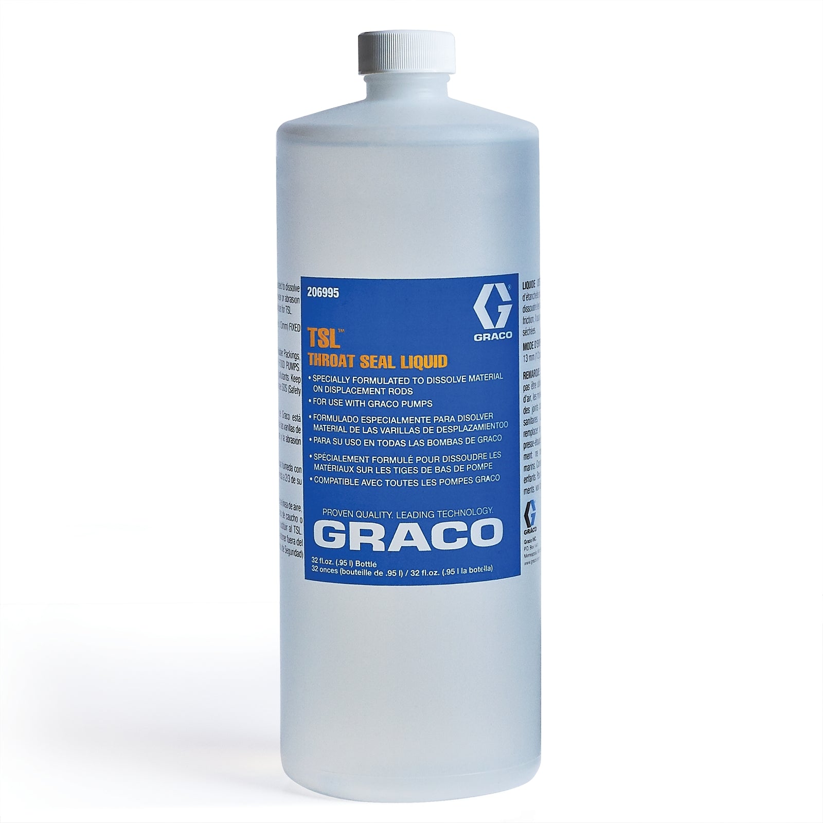 Six bottles of Graco Fluid TSL, 1 Qt each, in a pack, showing the clear fluid inside the bottles.