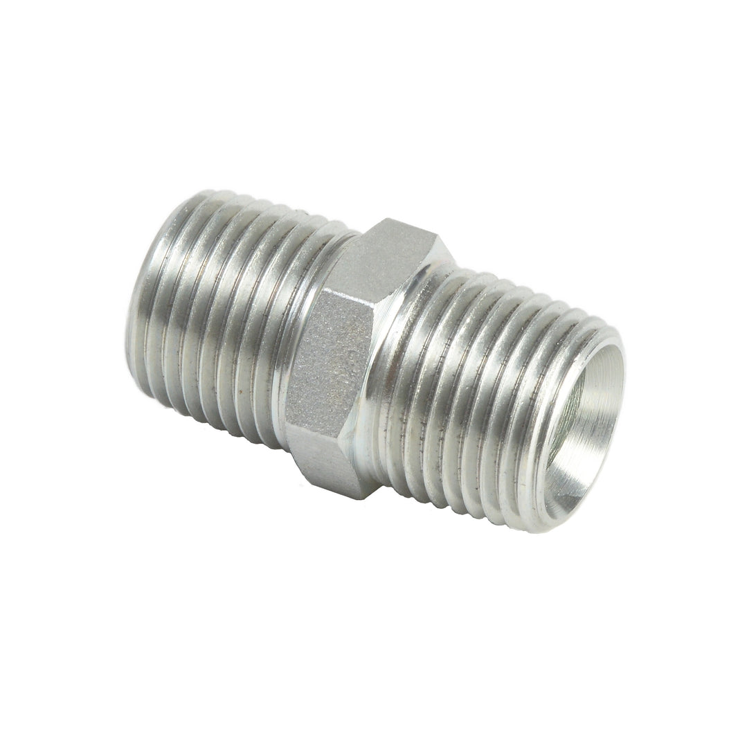 Graco nipple fitting with 1/2 NPT thread, used for plumbing or pneumatic connections, shown in close-up view.