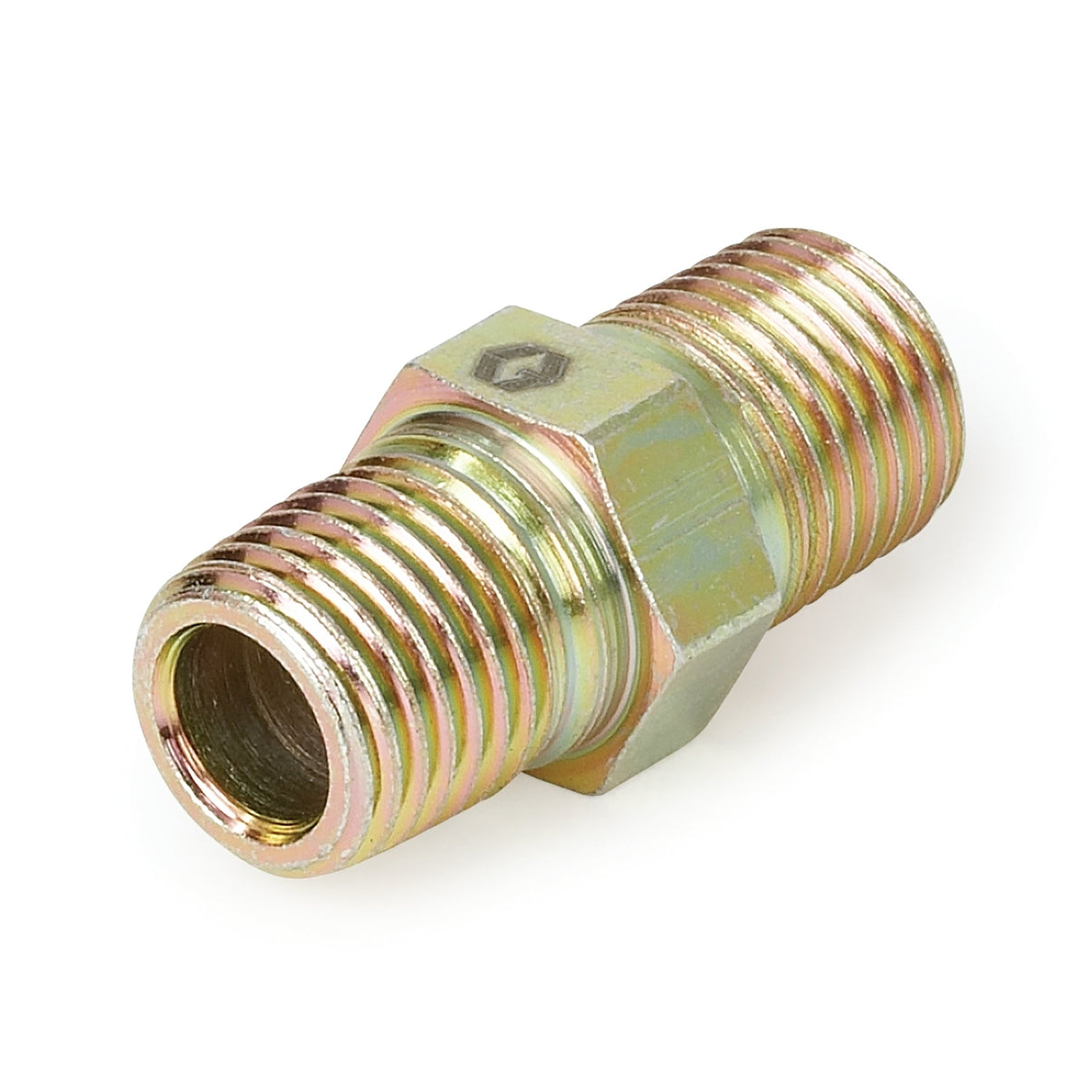 Graco nipple fitting with 1/4x1/4 NPT threads, metal construction, used for connecting pipes or hoses in industrial applications.