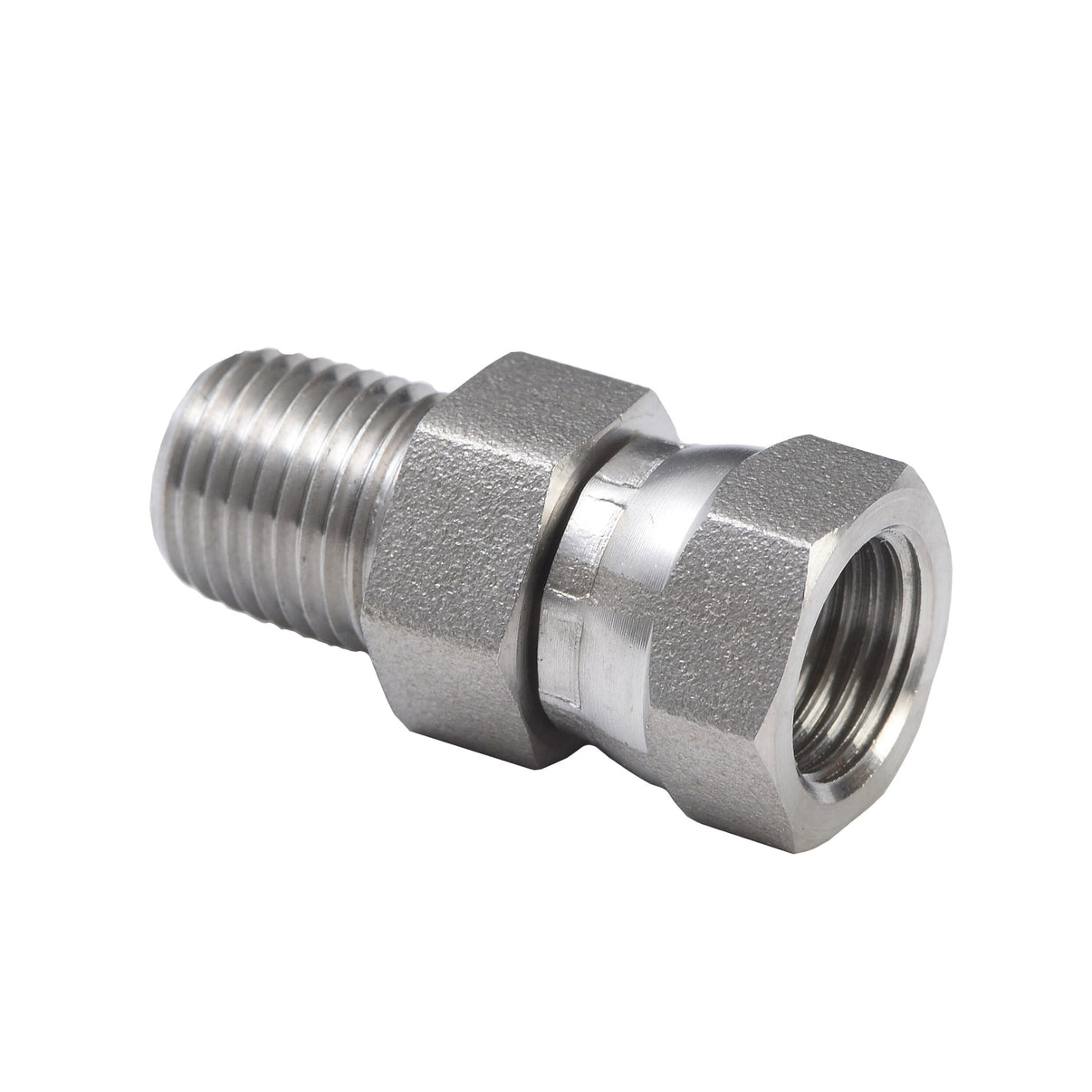 Graco swivel union fitting with 1/4 NPT stainless steel fitting for secure, leak-free connections in fluid systems.