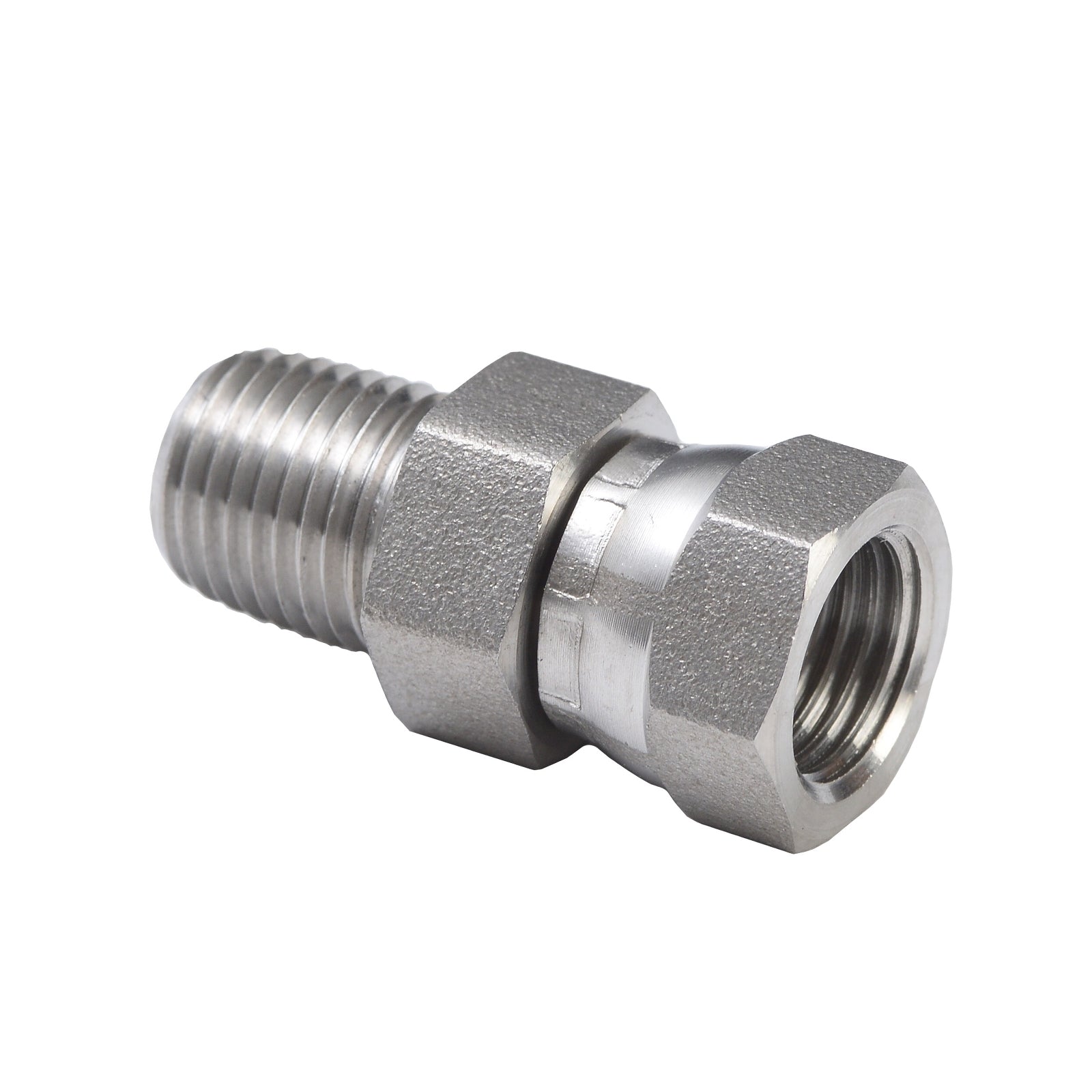 Graco swivel union fitting with 1/4 NPT stainless steel fitting for secure, leak-free connections in fluid systems.