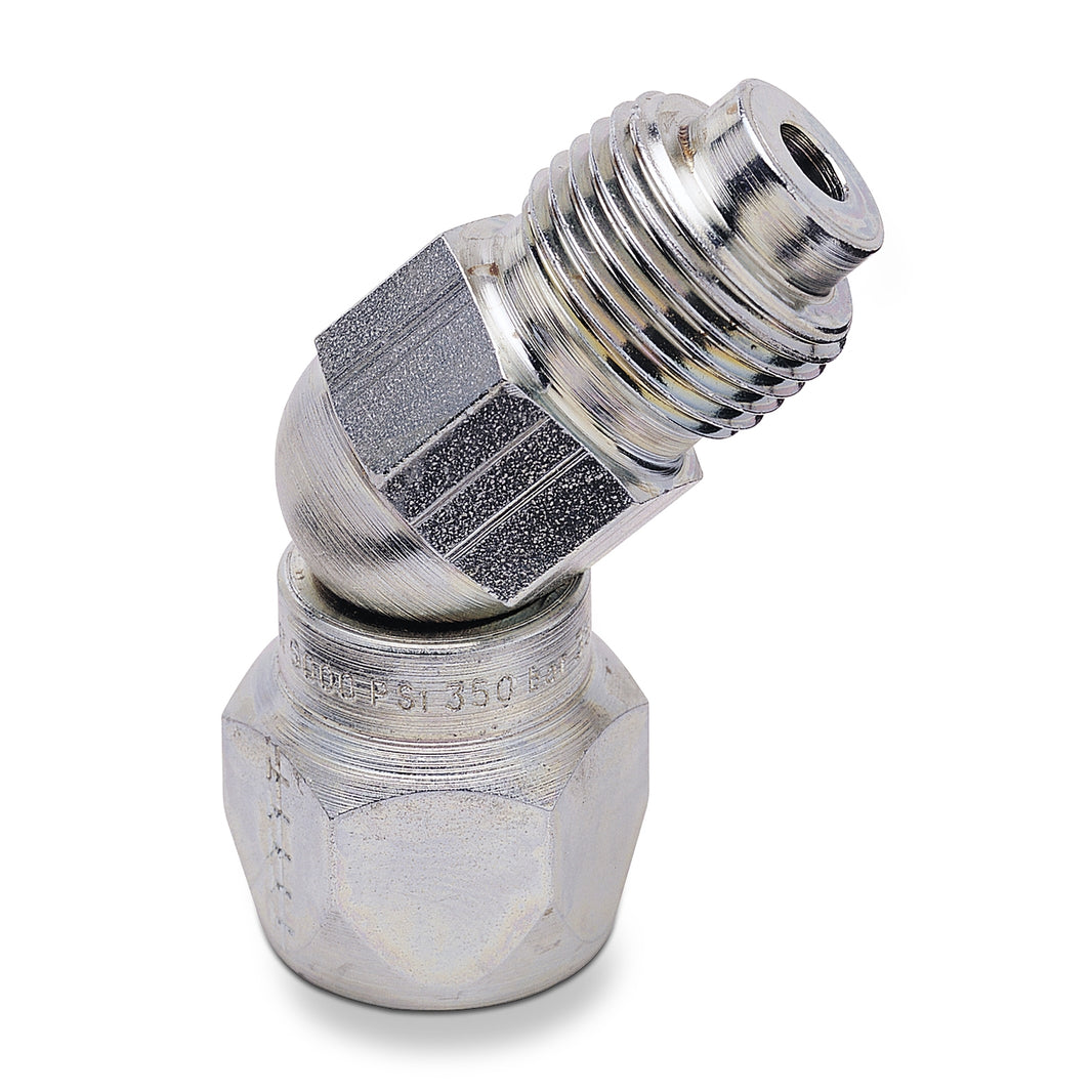 Graco swivel union fitting with 45-degree angle, used for connecting hoses and equipment in fluid transfer systems.