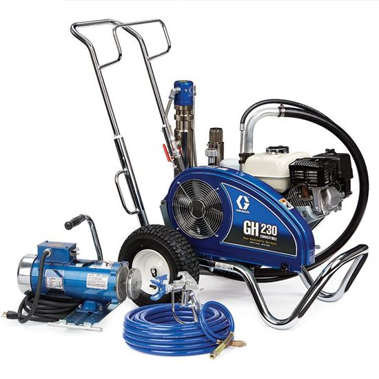 Graco GH 230 gas-powered convertible airless paint sprayer with electric motor kit, designed for efficient painting projects.