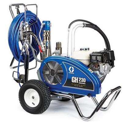Graco GH 230 convertible gas hydraulic airless paint sprayer for professional contractor use, with robust design and spray gun.