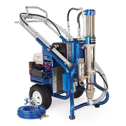 Graco GH 833ES heavy duty hydraulic gas airless paint sprayer showing the complete model with hoses and spray gun.