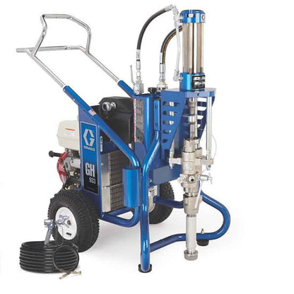 Graco GH 933 heavy-duty hydraulic gas airless paint sprayer with nozzle and hose for professional painting projects.