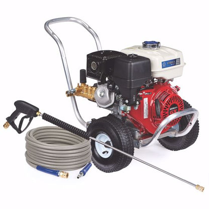 Graco G-force II 3230 Ha-dd gas pressure washer with a sturdy metal frame and high-pressure nozzle for cleaning surfaces.