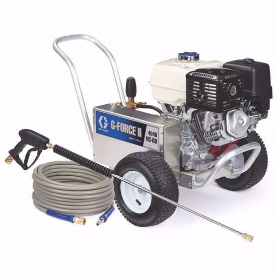 Graco G-force II 4040 HC-BD gas pressure washer with belt drive, featuring a sturdy frame and high-pressure spray nozzle.