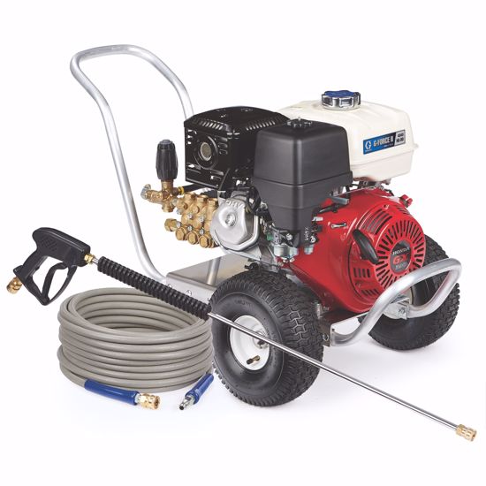 Graco G-force II 4040 Hg-dd gas pressure washer with a sturdy frame and spray gun for heavy-duty cleaning tasks.