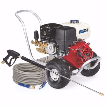 Graco G-force II 4040 Hg-dd gas pressure washer with a sturdy frame and spray gun for heavy-duty cleaning tasks.