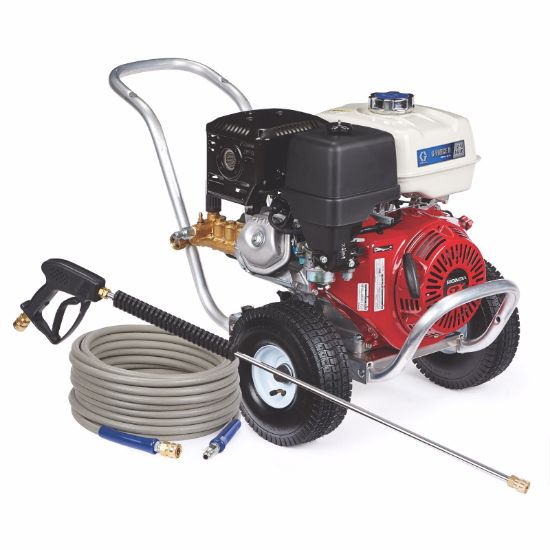 Graco G-force II 4240 Ha-DD gas pressure washer with a black and red design, featuring a large engine and spray gun for cleaning tasks.