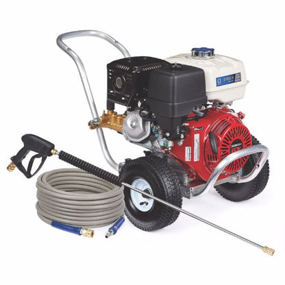 Graco G-force II 4240 Ha-DD gas pressure washer with a black and red design, featuring a large engine and spray gun for cleaning tasks.