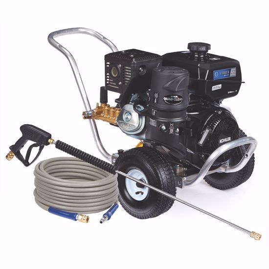 Graco G-force II 4240 Ka-dd gas pressure washer with large wheels and engine, designed for heavy-duty outdoor cleaning.