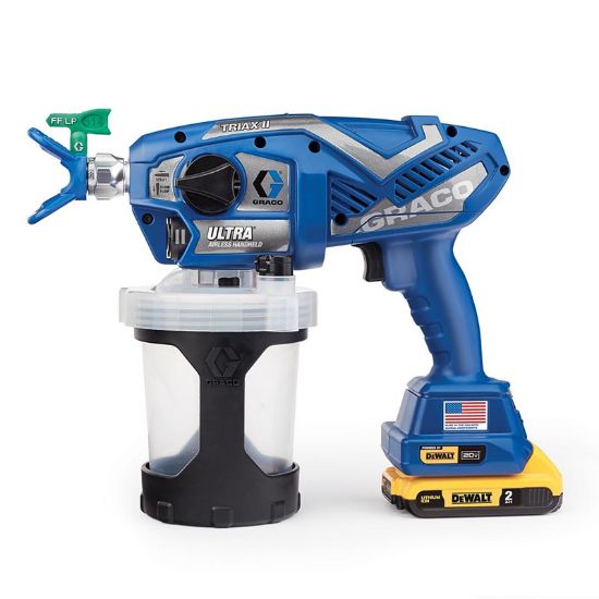 Graco Ultra Cordless Airless Handheld Paint Sprayer with a compact design and spray nozzle for painting projects.