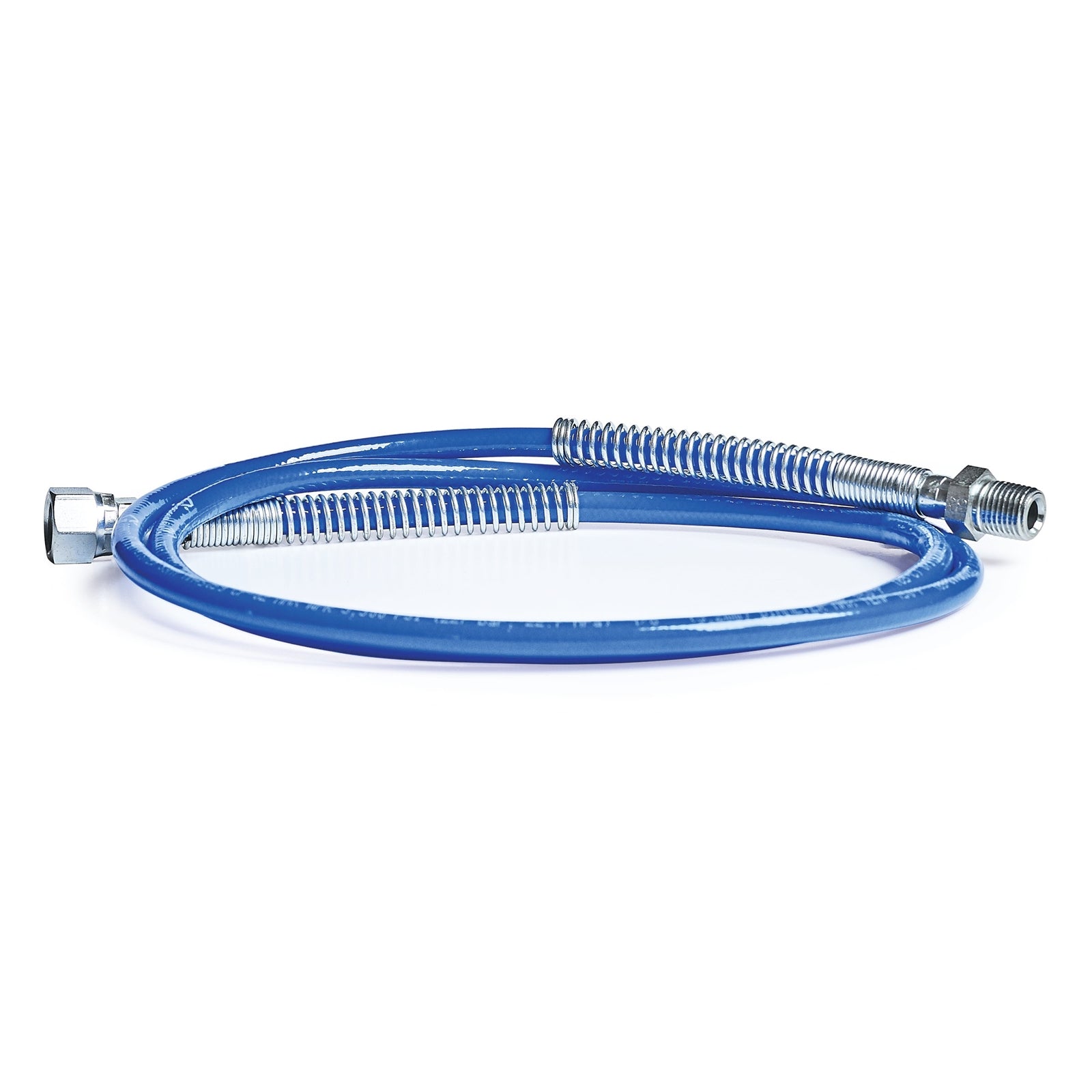 Graco 1/8-inch by 4-1/2-foot hose for fluid transfer, black rubber hose with metal fittings, used for painting or spraying equipment.