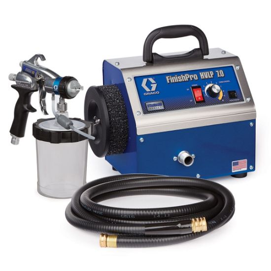 Graco FinishPro HVLP 7.0 Standard Series fine finish sprayer, showing a professional-grade HVLP paint sprayer with a nozzle and spray tip