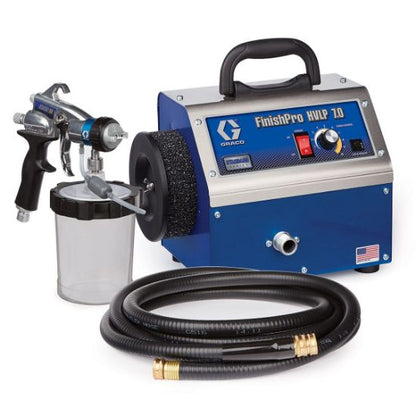 Graco FinishPro HVLP 7.0 Standard Series fine finish sprayer, showing a professional-grade HVLP paint sprayer with a nozzle and spray tip