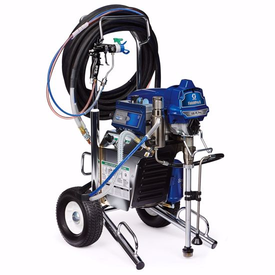 Graco Finishpro II 595 PC electric HVLP paint sprayer with air-assisted airless spray gun and adjustable spray pattern.