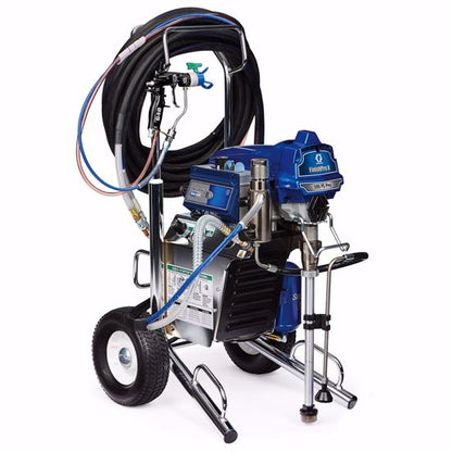 Graco Finishpro II 595 PC electric HVLP paint sprayer with air-assisted airless spray gun and adjustable spray pattern.
