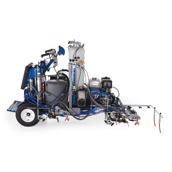 Graco Linelazer V 250DC HP reflective self-propelled line striper with two guns and bead tanks for precise marking.