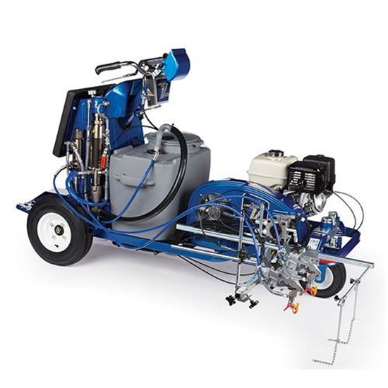 Graco Linelazer V 250SPS HP automatic ride-on paint line striper with control panel and paint reservoir on a paved surface.