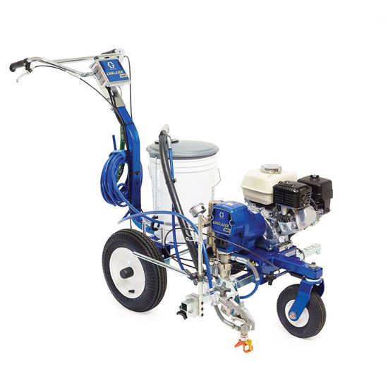 Graco Linelazer 3400 airless line striping machine with a spray gun for precise parking lot and sports court line marking.