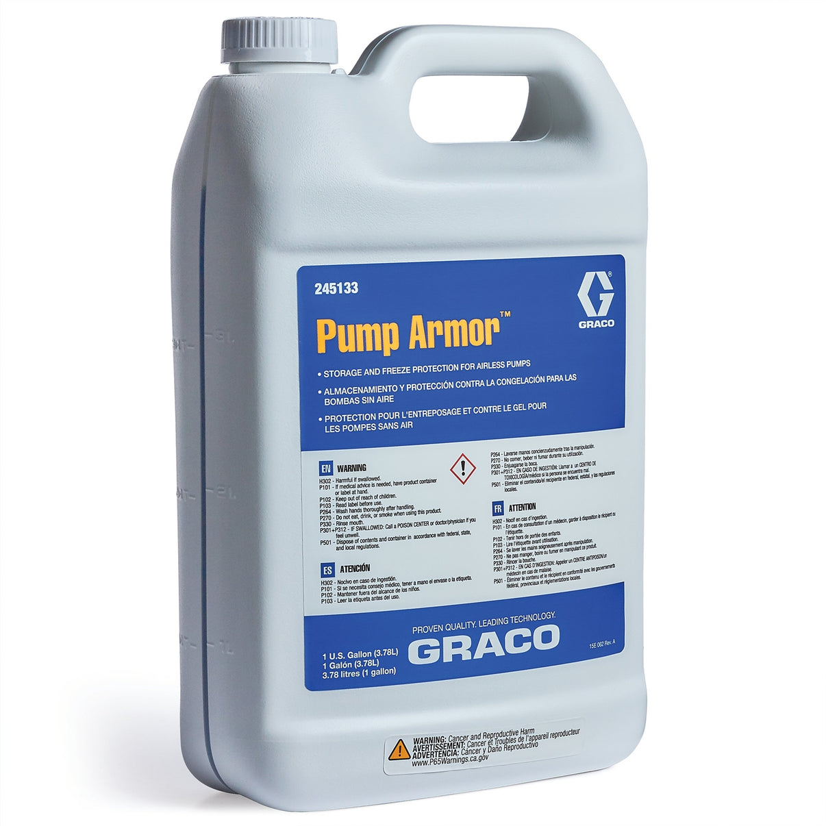 Graco 1-gallon fluid lubricant container, durable plastic bottle with label, used for machinery lubrication and maintenance.