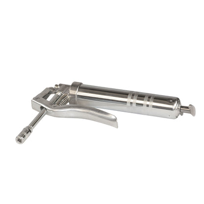 Graco FUSION AP manual grease gun with 3 oz grease cartridge, black and silver metal body, ergonomic handle for easy use