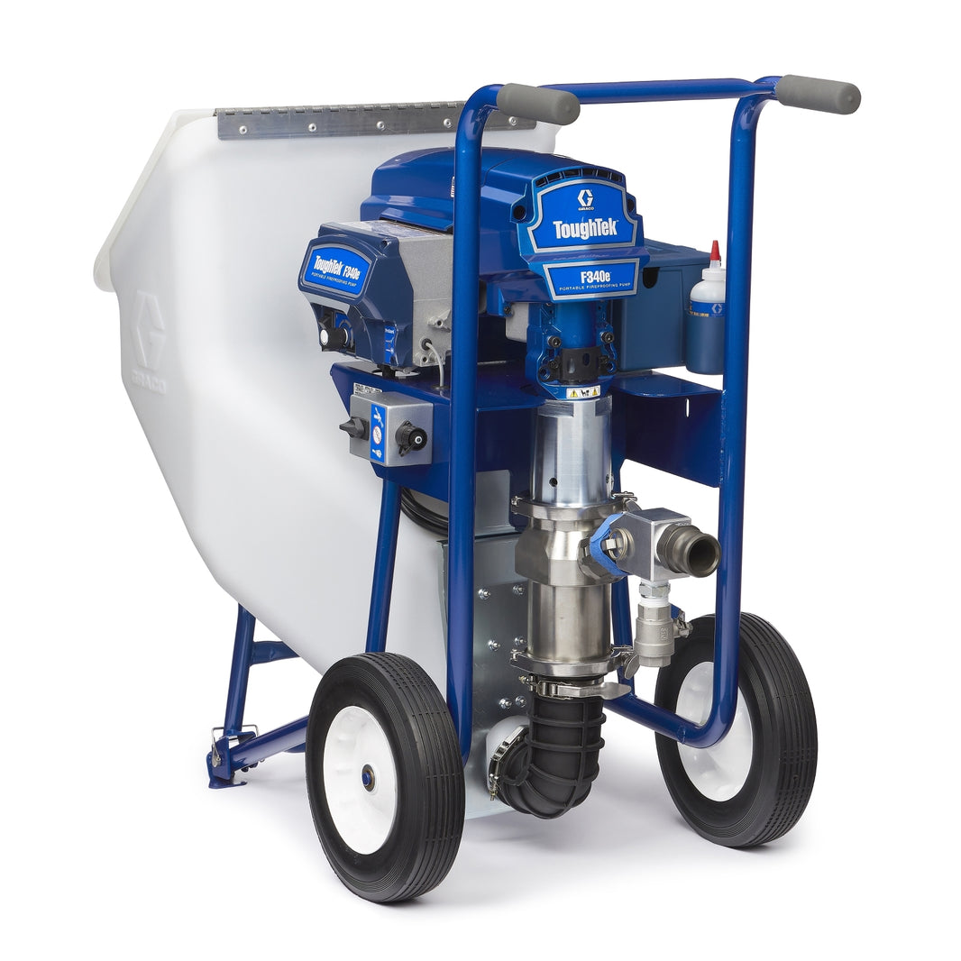 Graco TOUGHTEK F340E piston pump package with remote, 120V system, designed for industrial spraying applications.
