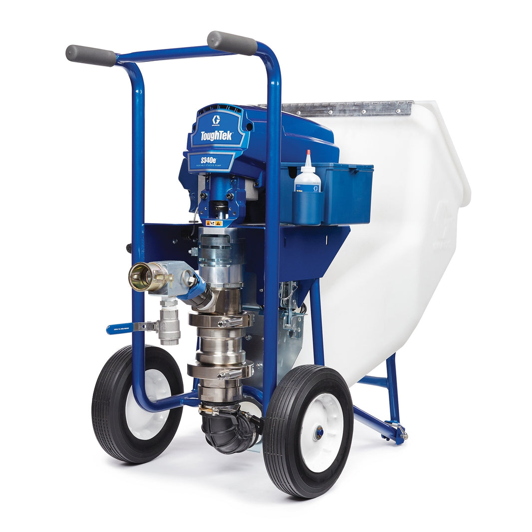 Graco TOUGHTEK S340E piston pump system with 230V power, bare unit, and remote control for industrial fluid transfer.