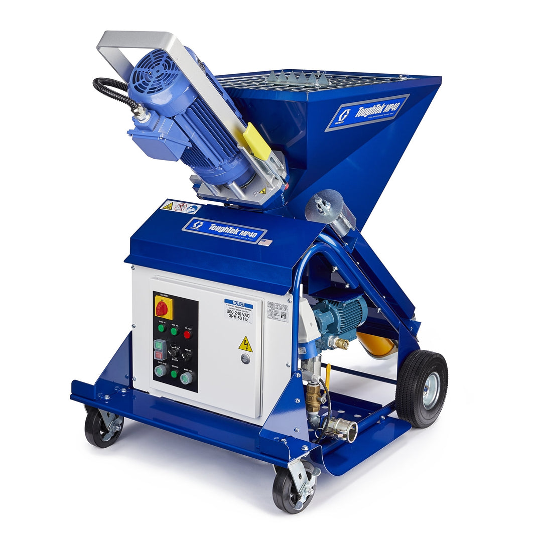 Graco TOUGHTEK MP-40 progressive cavity pump with 220V, 3-phase, 60Hz, and water port for industrial fluid transfer.
