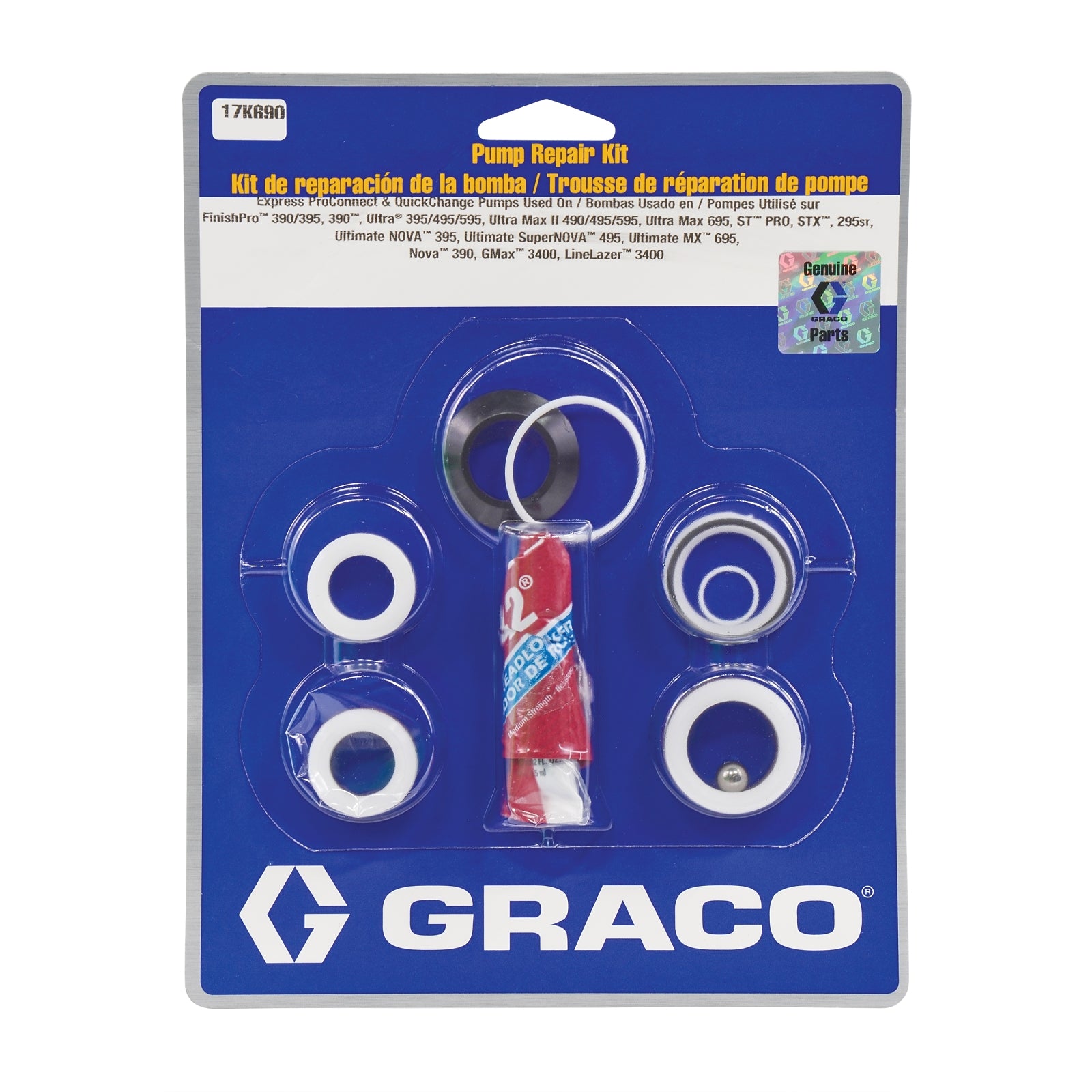 Graco pump repair kit with various accessories for pump maintenance and repair, designed for compatible Graco pumps.