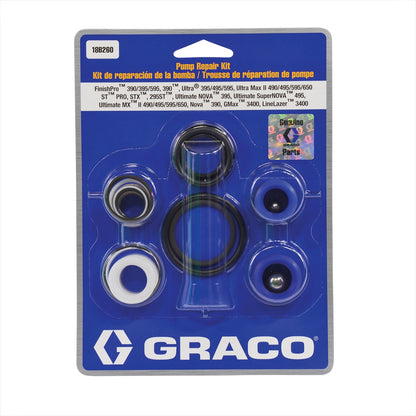 Graco pump replacement parts kit for repair, featuring various components on a white background.
