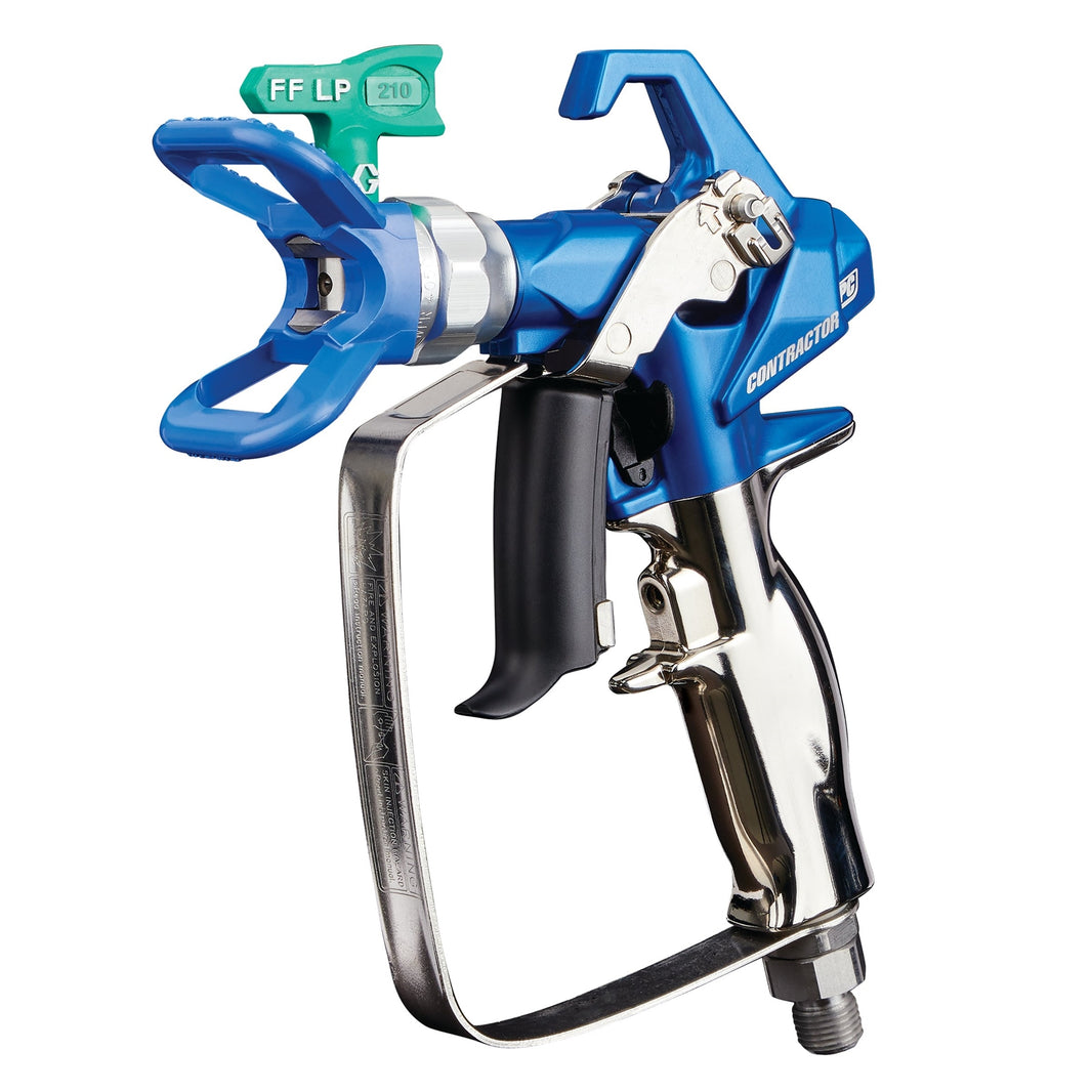 Graco Contractor PC Gun spray gun with RAC X FFLP nozzle, shown with packaged components for professional painting.