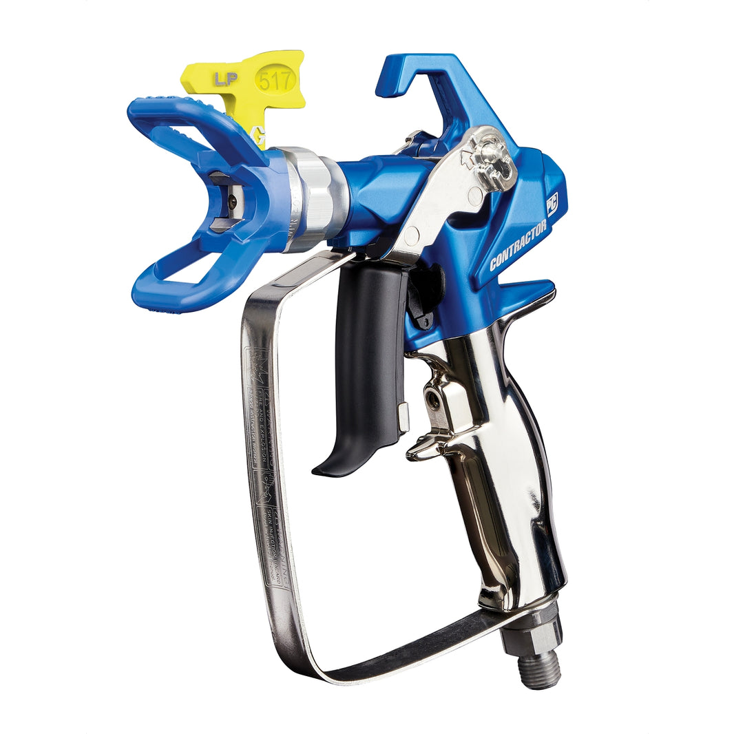 Graco Contractor PC Gun spray gun for professional painting, black and silver finish, packaged for construction use.