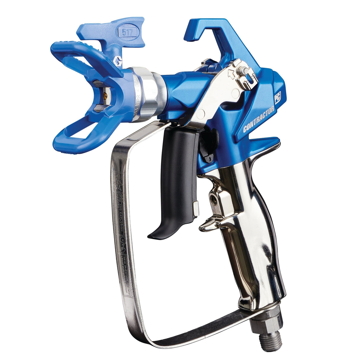 Graco Contractor PC Gun spray gun with RAC X LTX nozzle, shown in packaged form for professional painting and coating applications.
