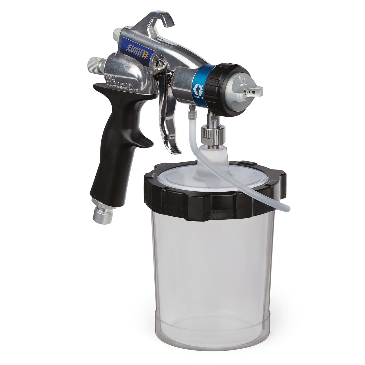 Graco EDGE II HVLP spray gun for efficient painting, shown in packaged form with professional design and ergonomic handle.