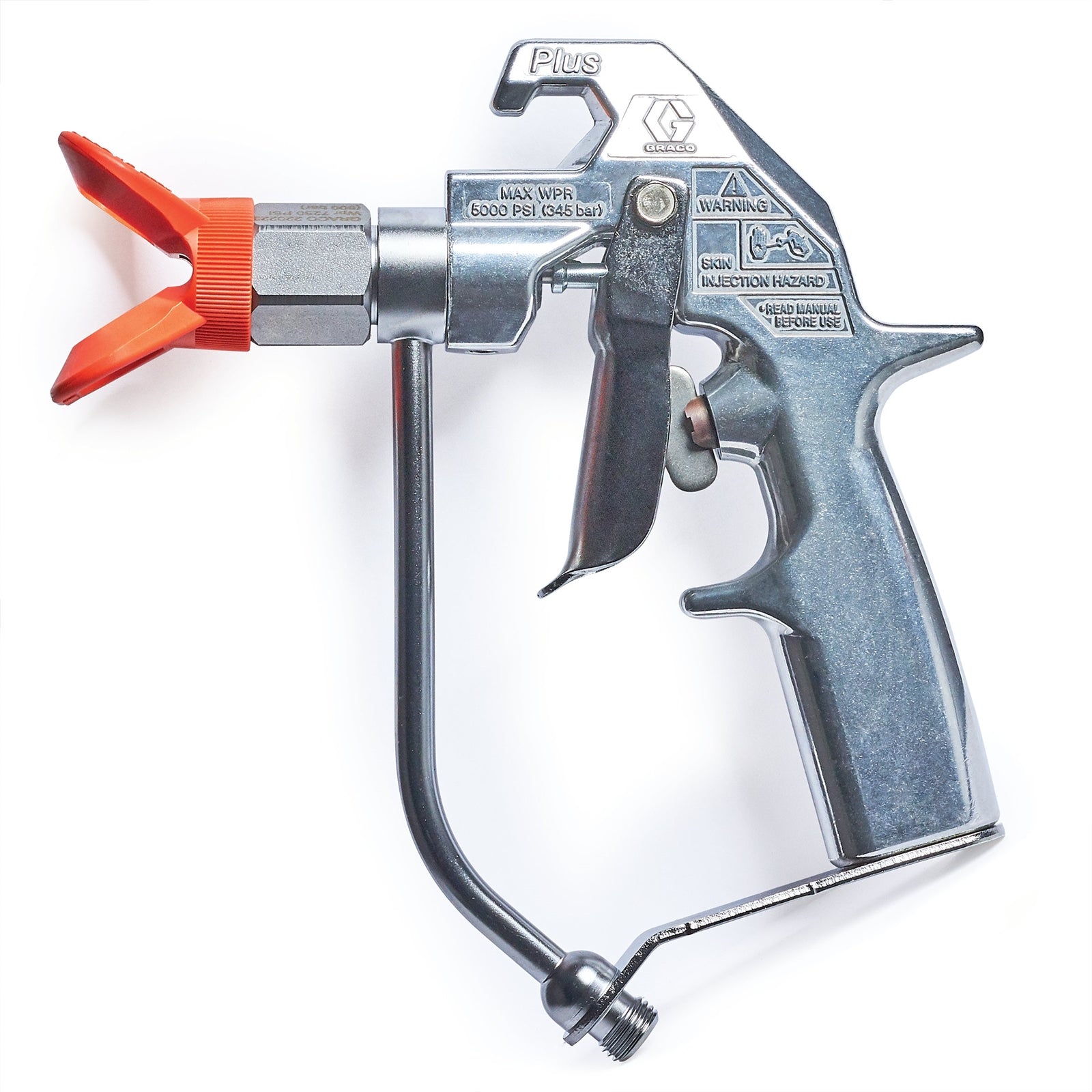 Silver Graco spray gun with fine finish, showcasing its sleek metal body and professional spray nozzle.