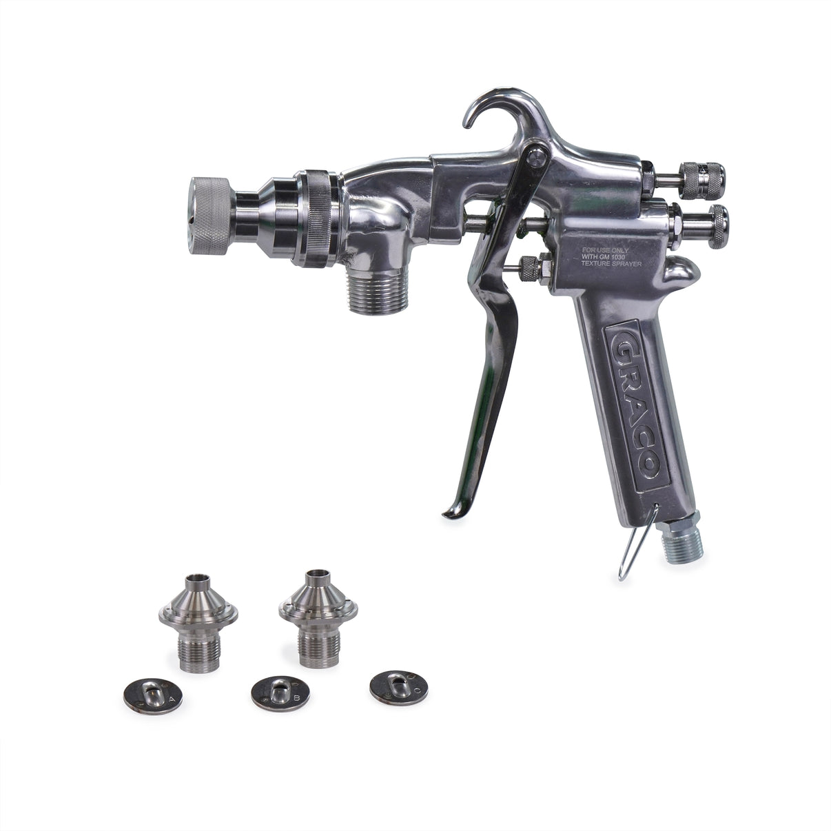 Graco spray gun for texture painting, black metal body with trigger and nozzle, used for applying textured wall finishes.